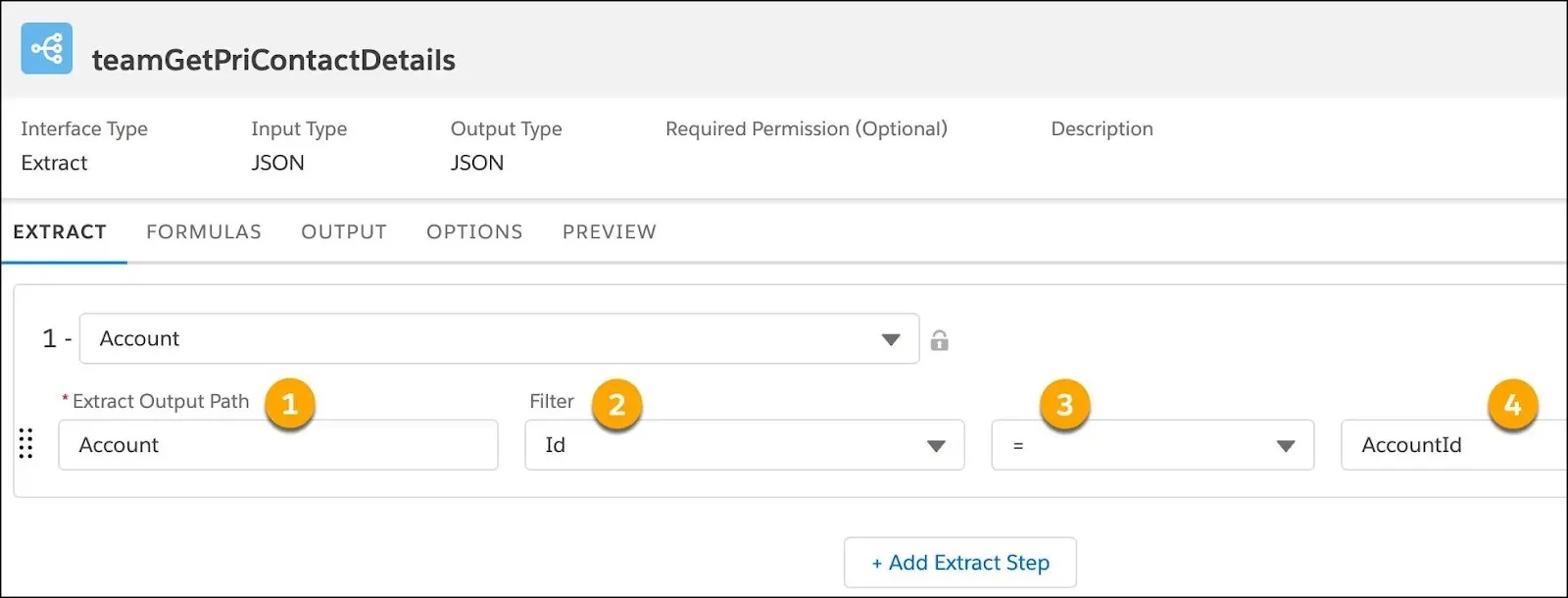 Settings configured in the Extract tab to retrieve data from the Account object