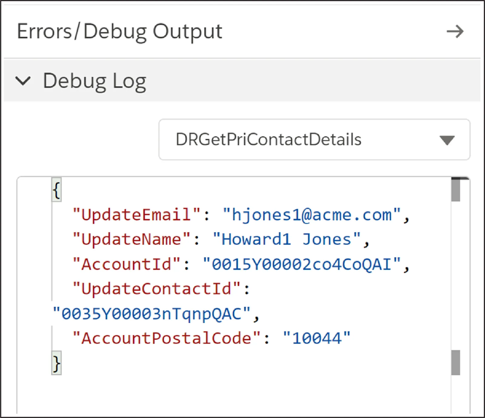 A debug log in the Preview tab of an Integration Procedure