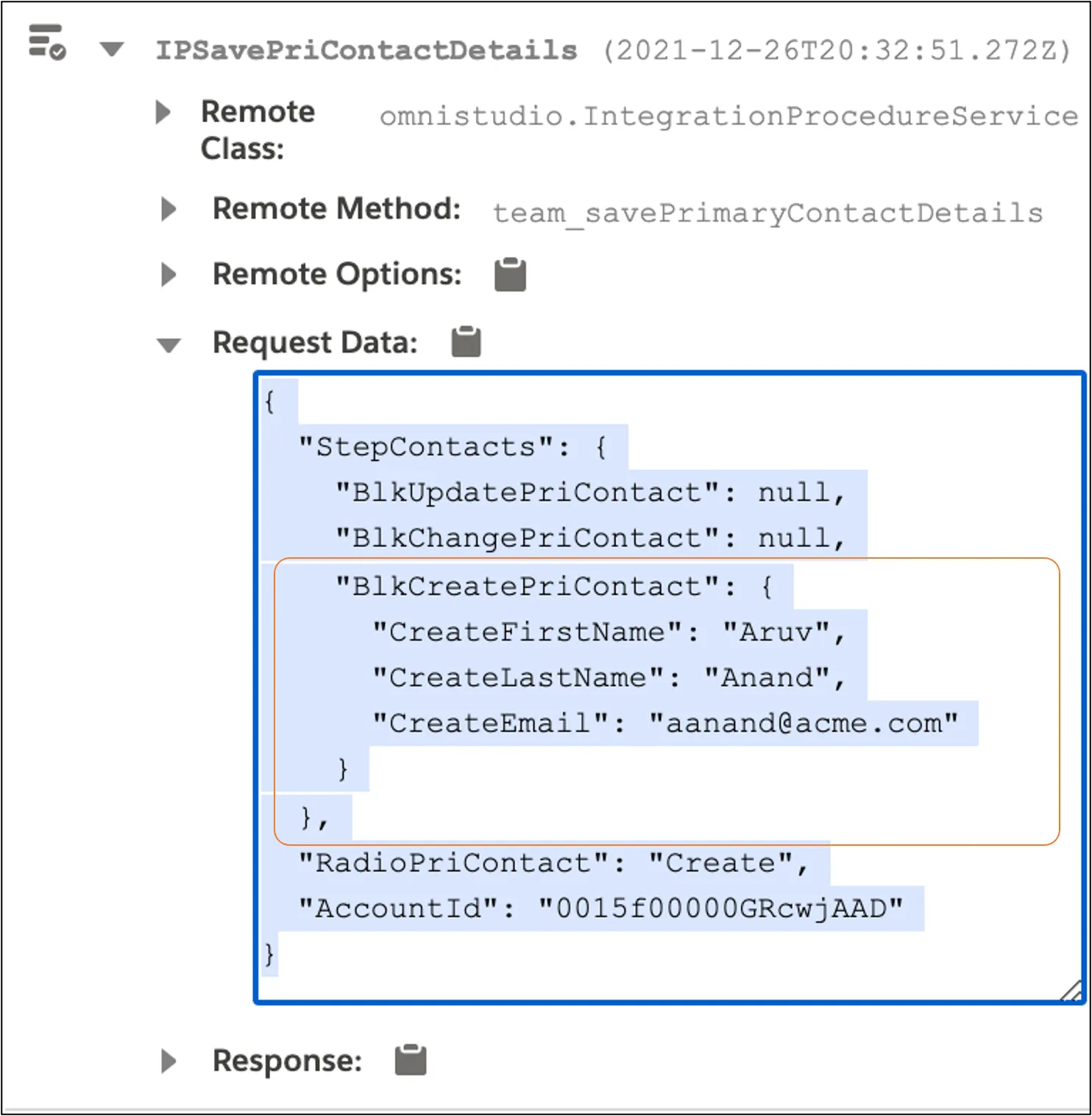 OmniScript JSON for Create a Primary Contact displays in the Request Data pane.