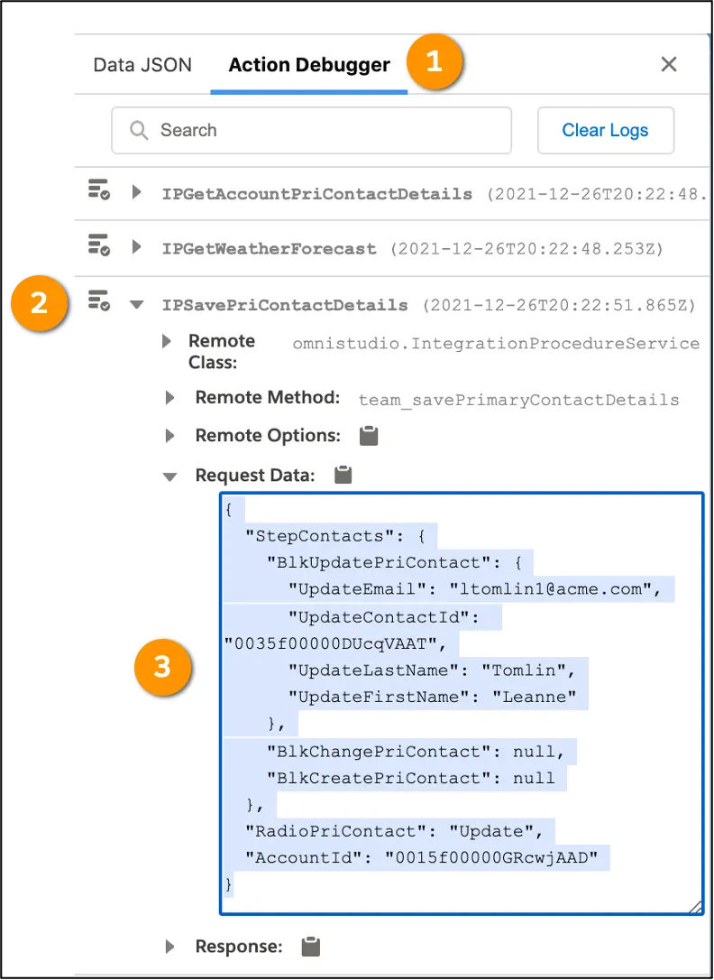 OmniScript JSON for Update Primary Contact displays in the Request Data pane