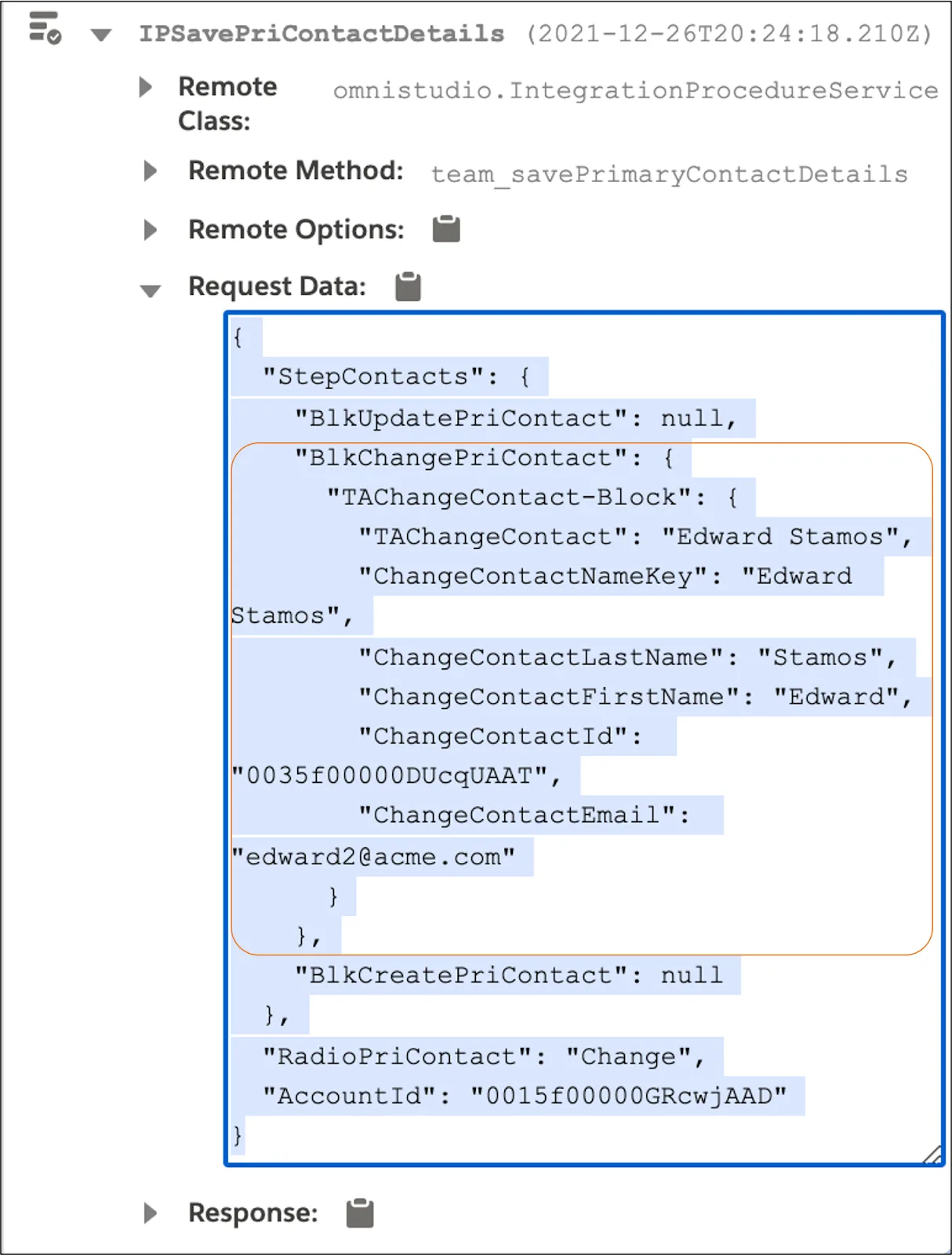 OmniScript JSON for Change Primary Contact displays in the Request Data pane.