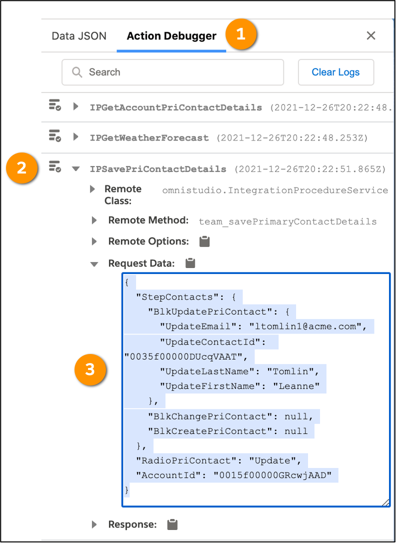 [Request Data (要求データ)] ペインに、Update Primary Contact の OmniScript JSON が表示される