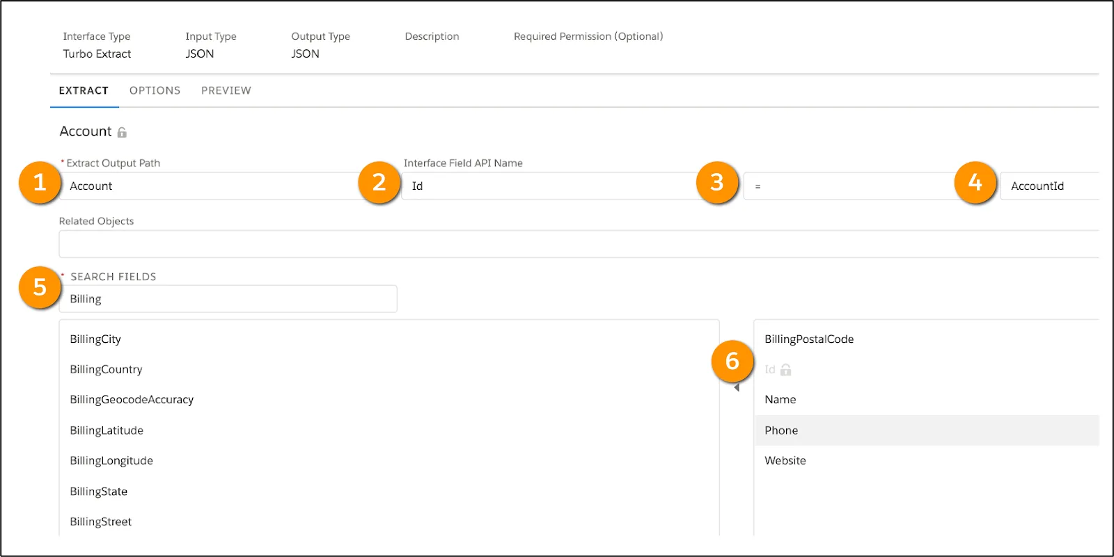 Settings configured in the Extract tab to retrieve data from the Account object