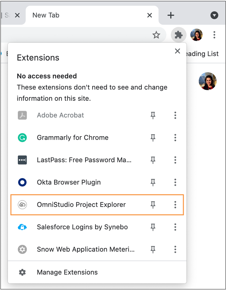 OmniStudio Project Explorer tile displays in list of Chrome Extensions