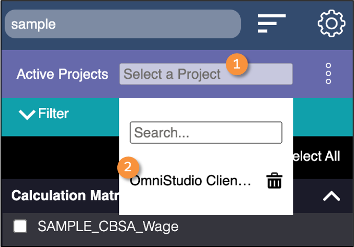 OmniStudio Project Explorer の [Select a Project (プロジェクトを選択)] 項目