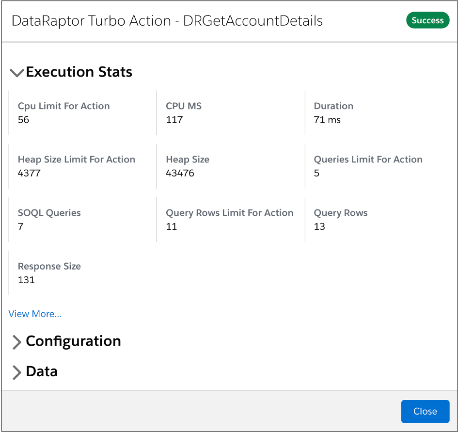 Detailed performance data for the DataRaptor Turbo Action step