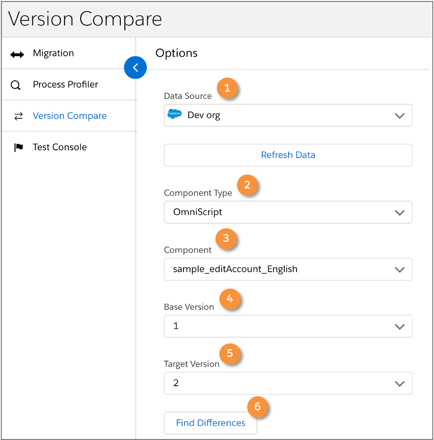 [Version Compare (バージョン比較)] の [Options (オプション)] パネル