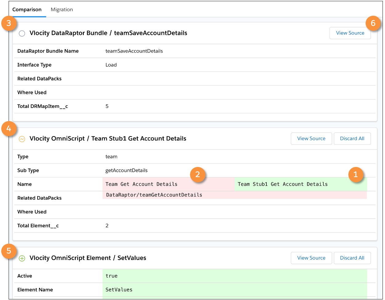 The Comparison tab summarizes the differences between the migrated objects and their previously deployed versions