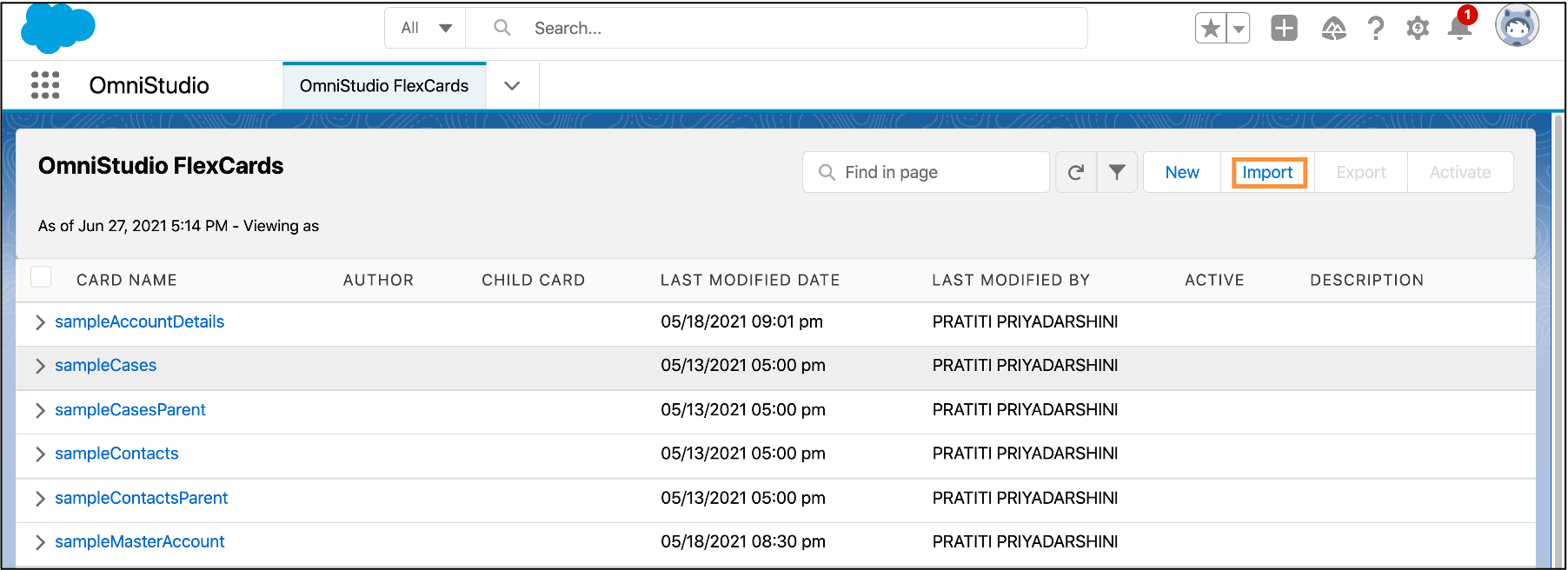 Import OmniStudio components using the Import button.