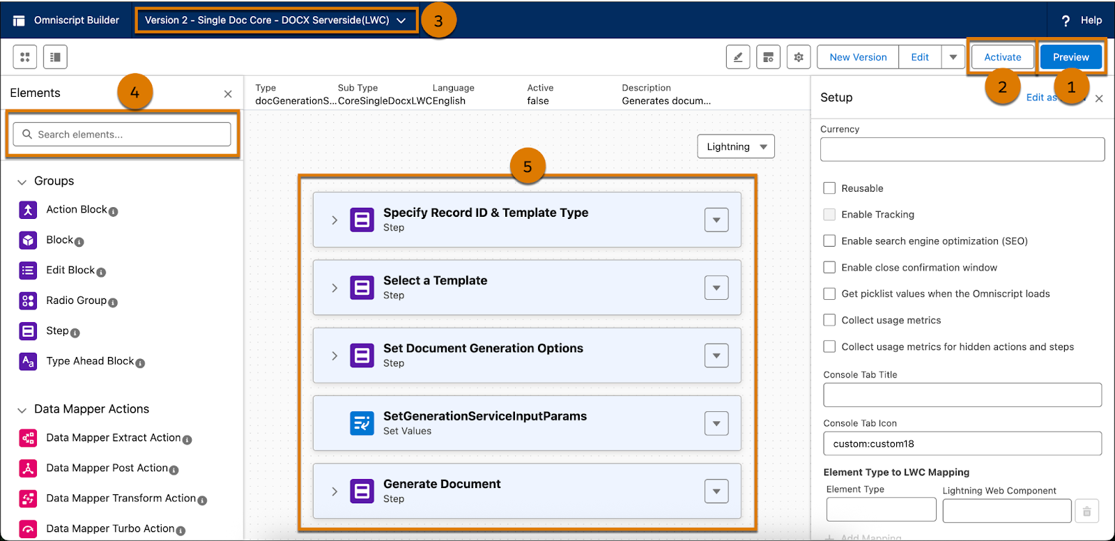 Omniscript Designer インターフェース。