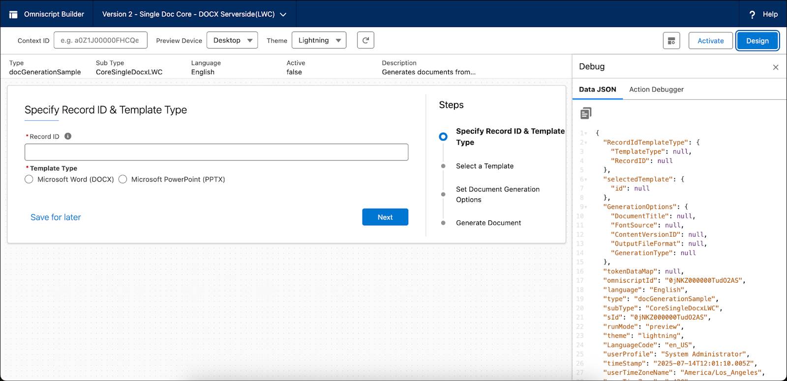 Omniscript Designer インターフェース。
