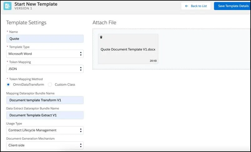 The Start New Template screen of Document Template Designer with Template Settings and Attach File sections.