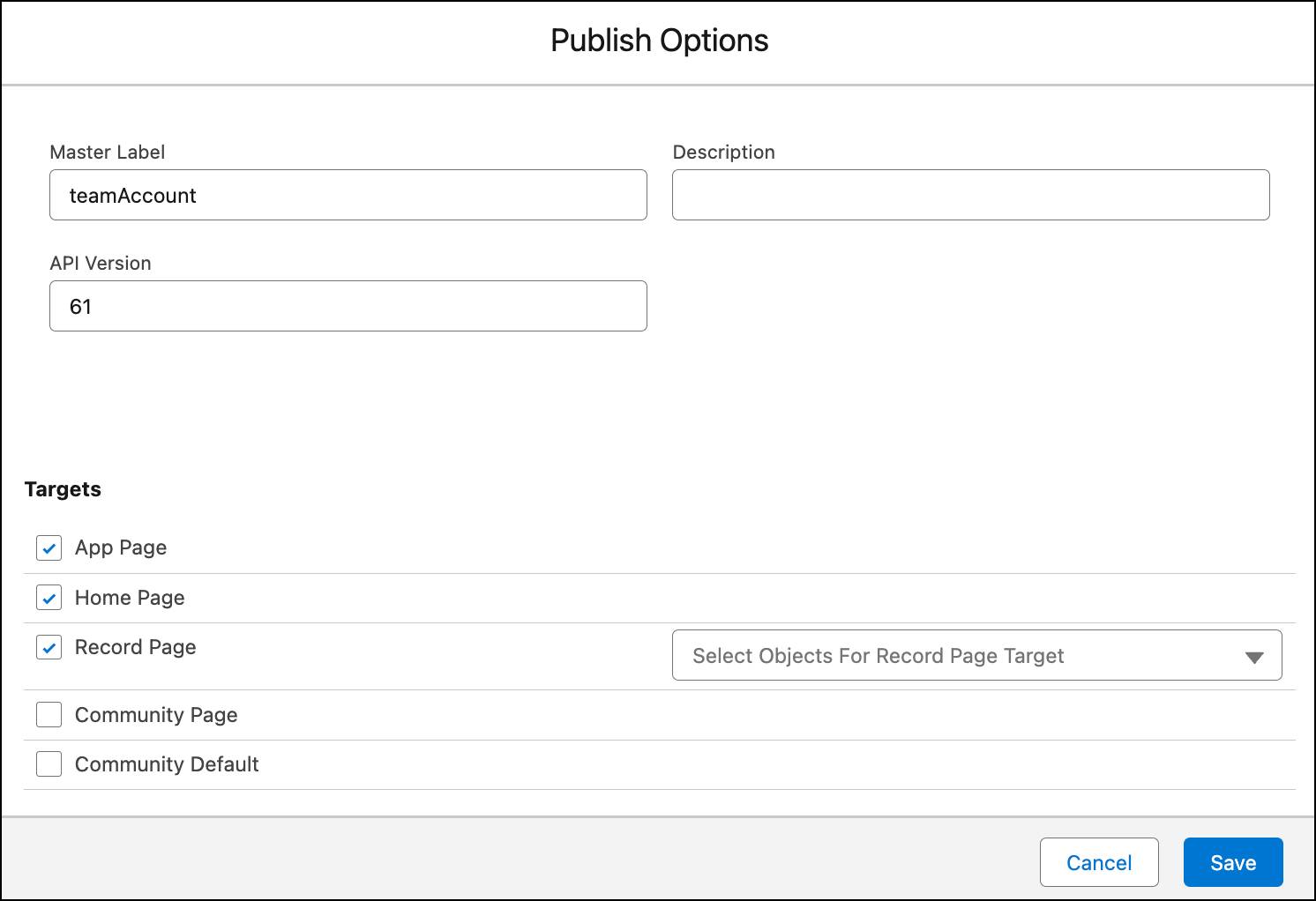 The Flexcard Publish Options window showing the metadata details.