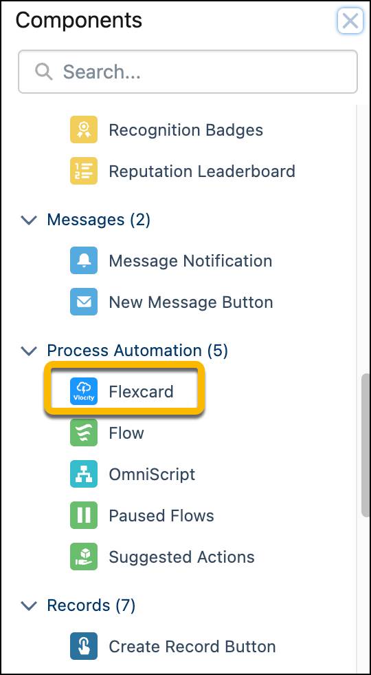 Shows the Flexcard standard component under Process Automation within Experience Builder.