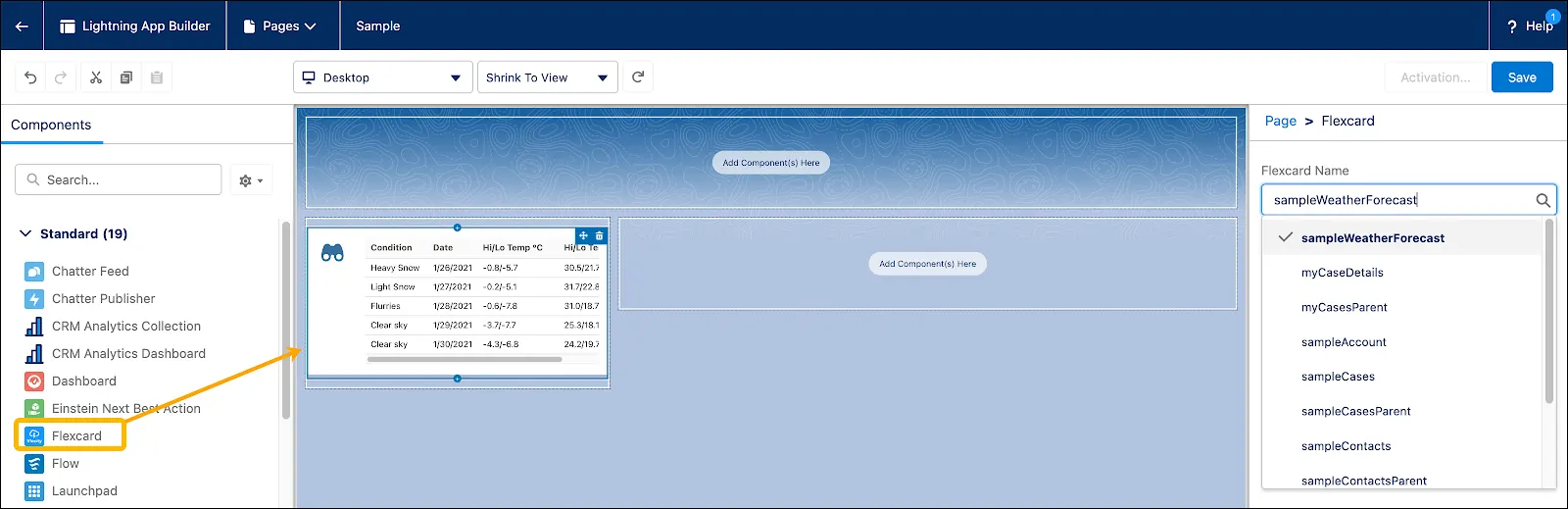 Shows the Flexcard standard component within Lightning App Builder