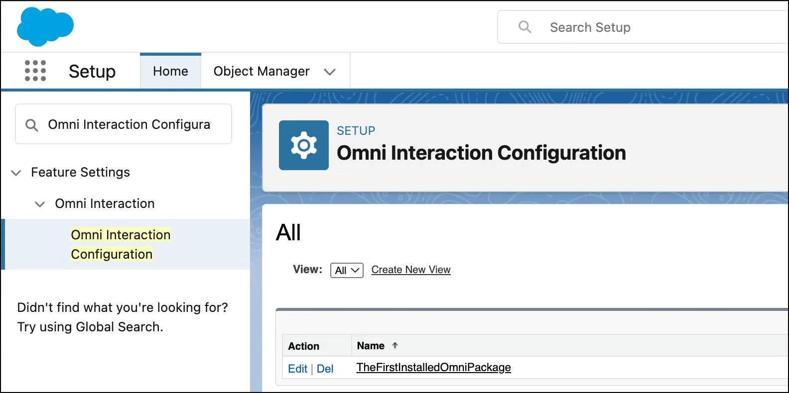 Omni Interaction Configuration selected from within Setup. It shows a single entry of TheFirstInstalledOmniPackage.