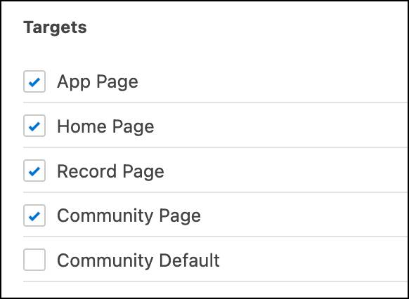 The Targets section with App Page, Home Page, Record Page, and Community Page checked. Community Default is not checked.