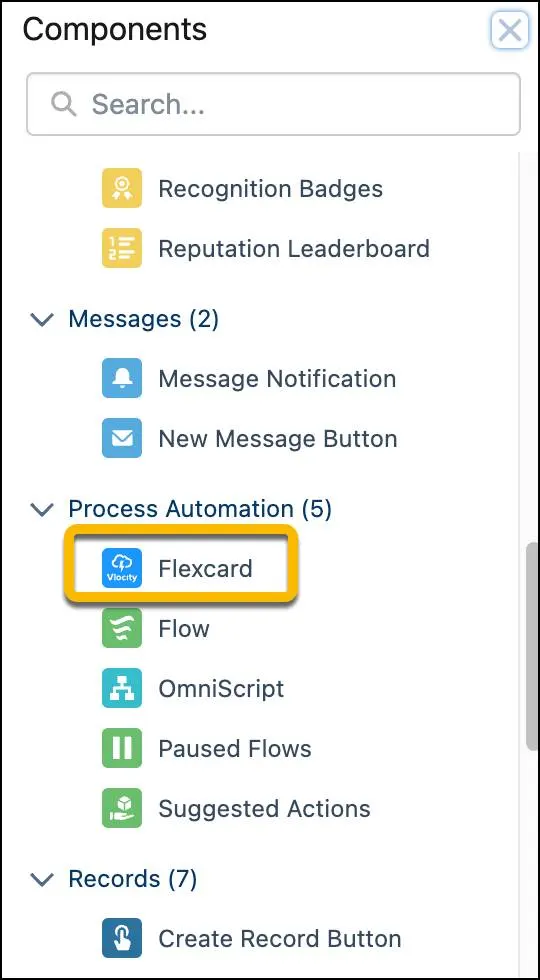 Shows the Flexcard standard component under Process Automation within Experience Builder.