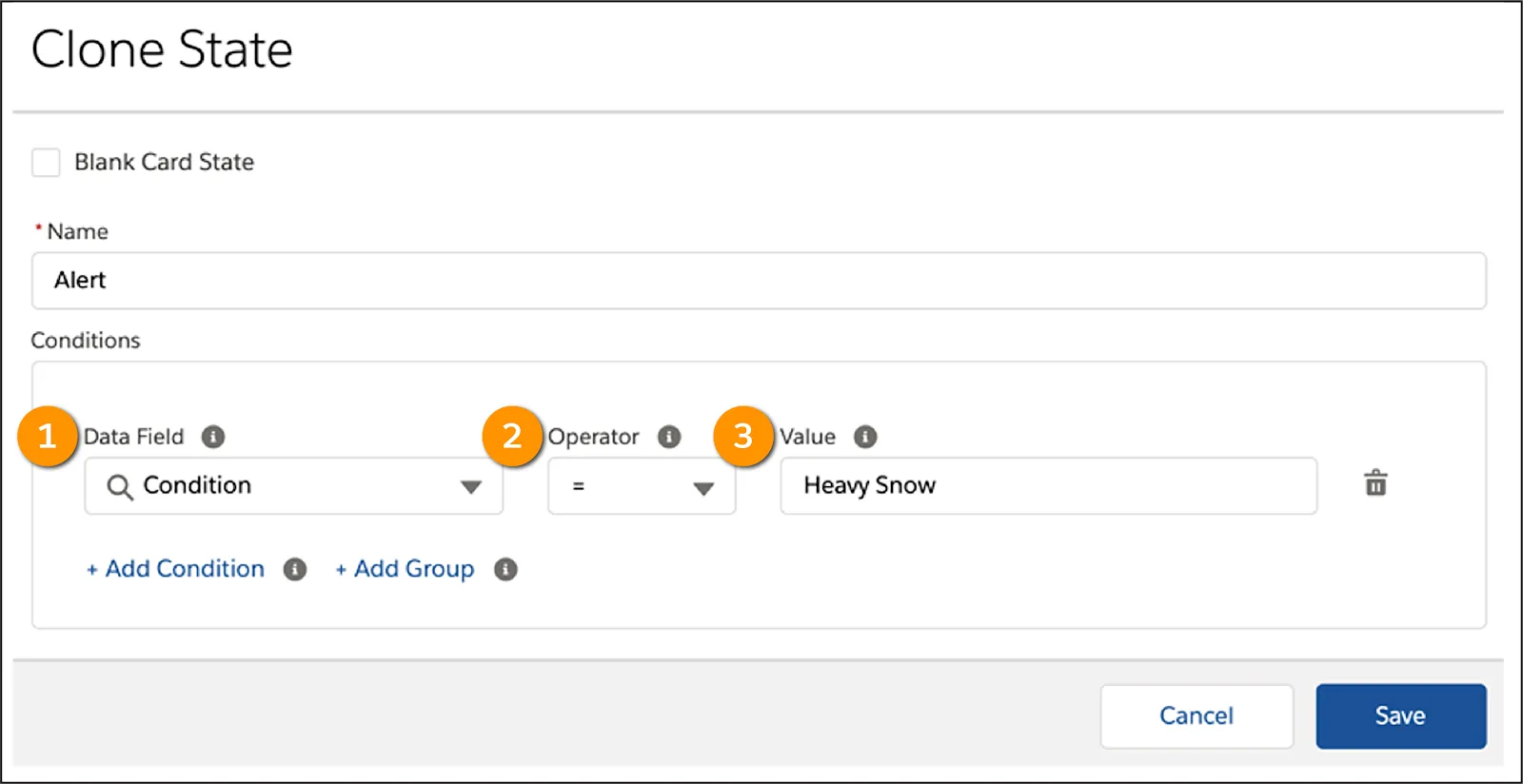 A Clone State window where you configure conditions for the state.