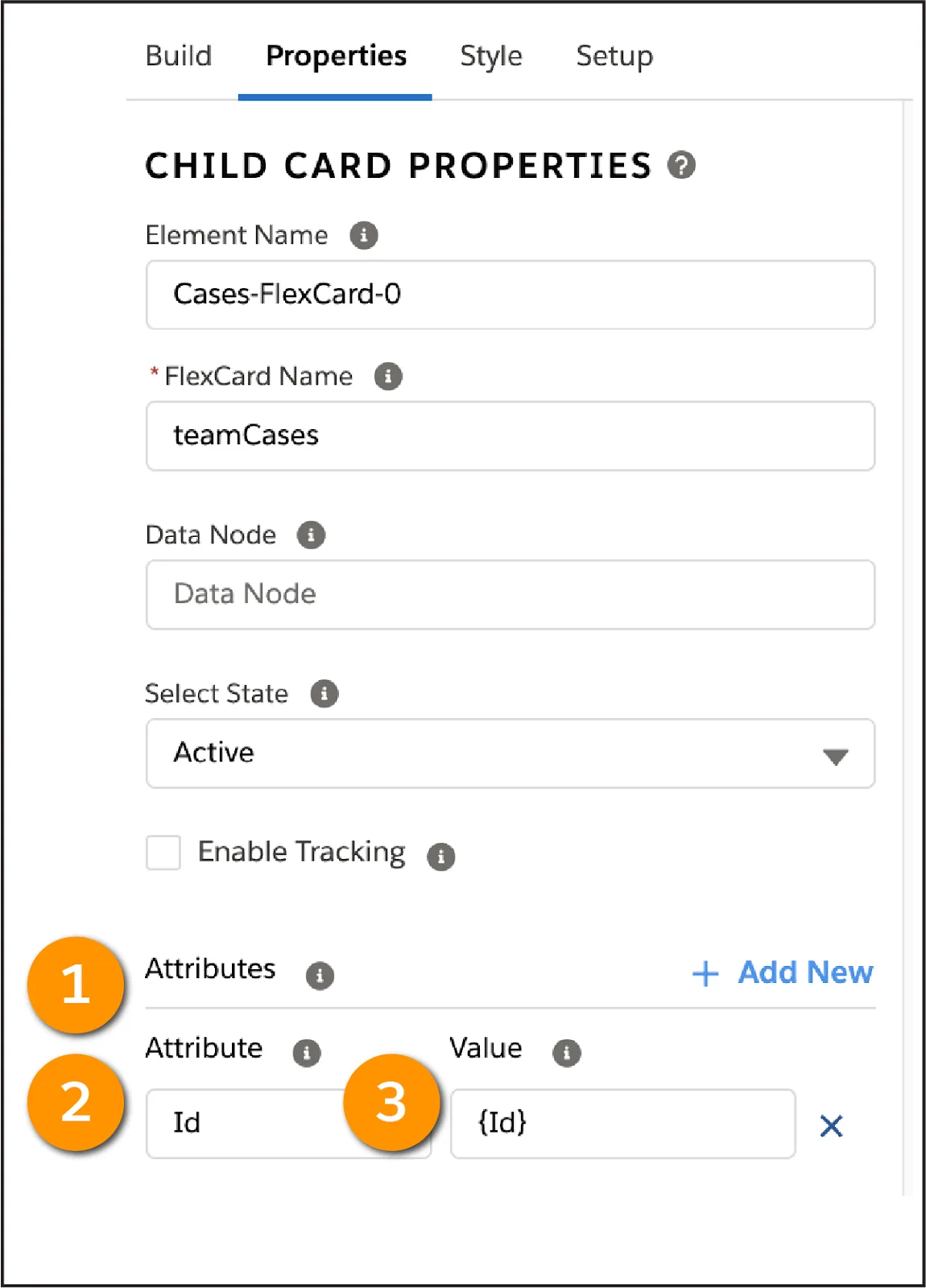 Child FlexCard Properties configured to receive an Id from the parent.