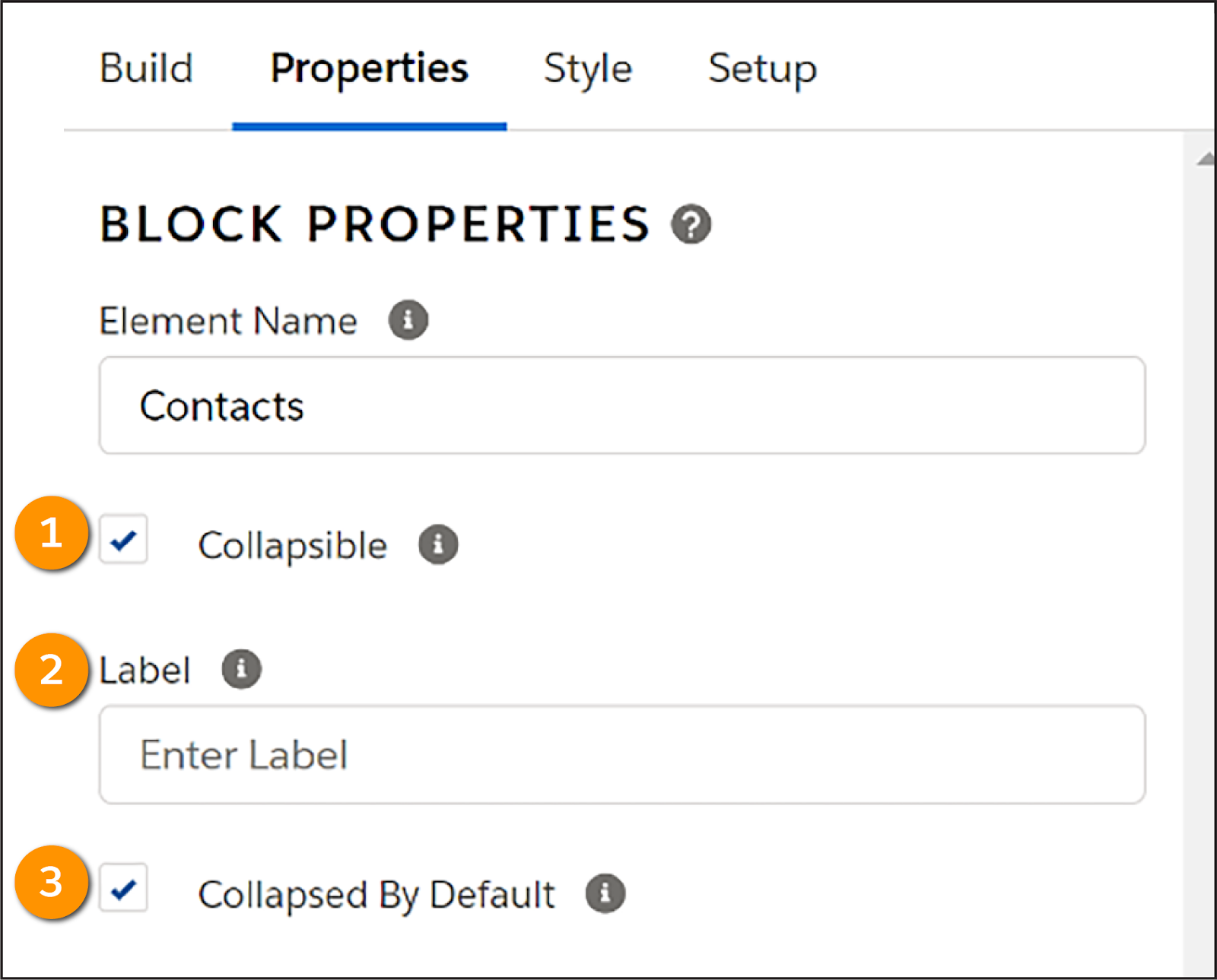 Block を折りたたむオプションは、Block 要素の [Properties (プロパティ)] にあります。