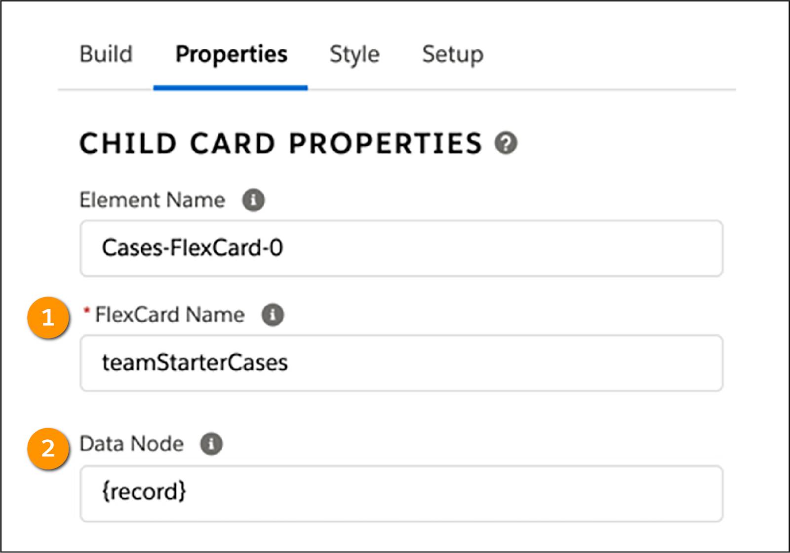 親からレコードを受け取るように設定された子 FlexCard の [Properties (プロパティ)]。