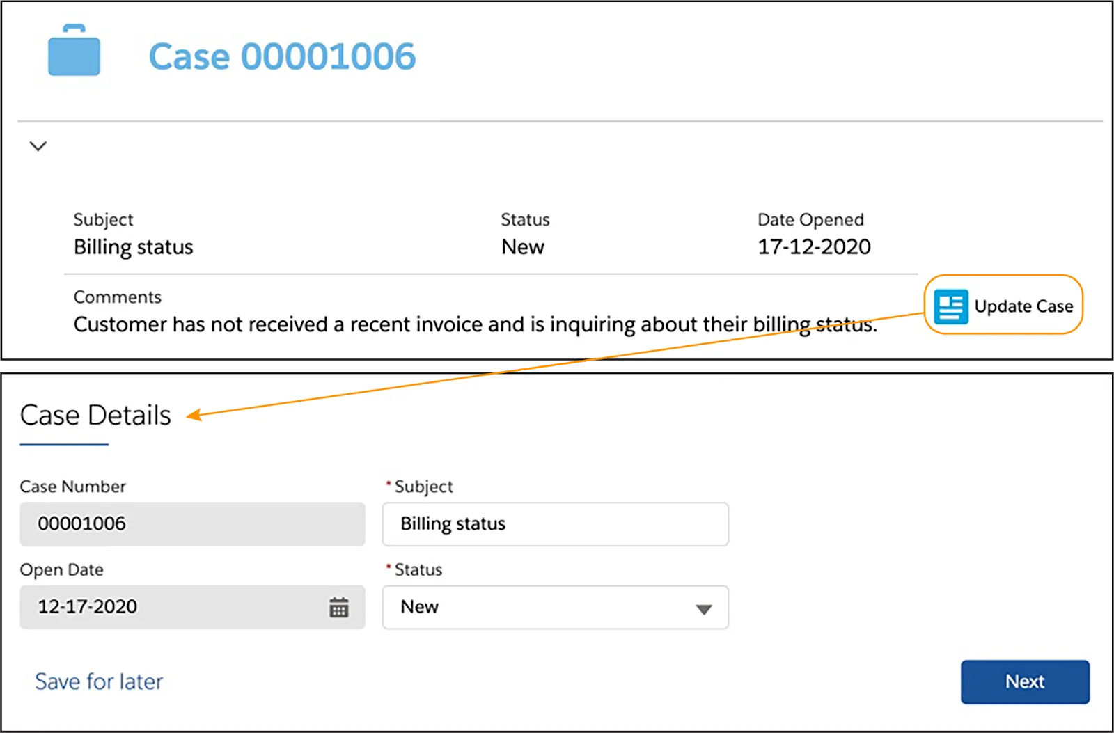 FlexCard showing Update Case action.