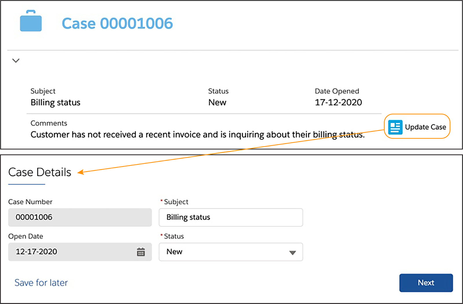 Flexcard showing Update Case action.