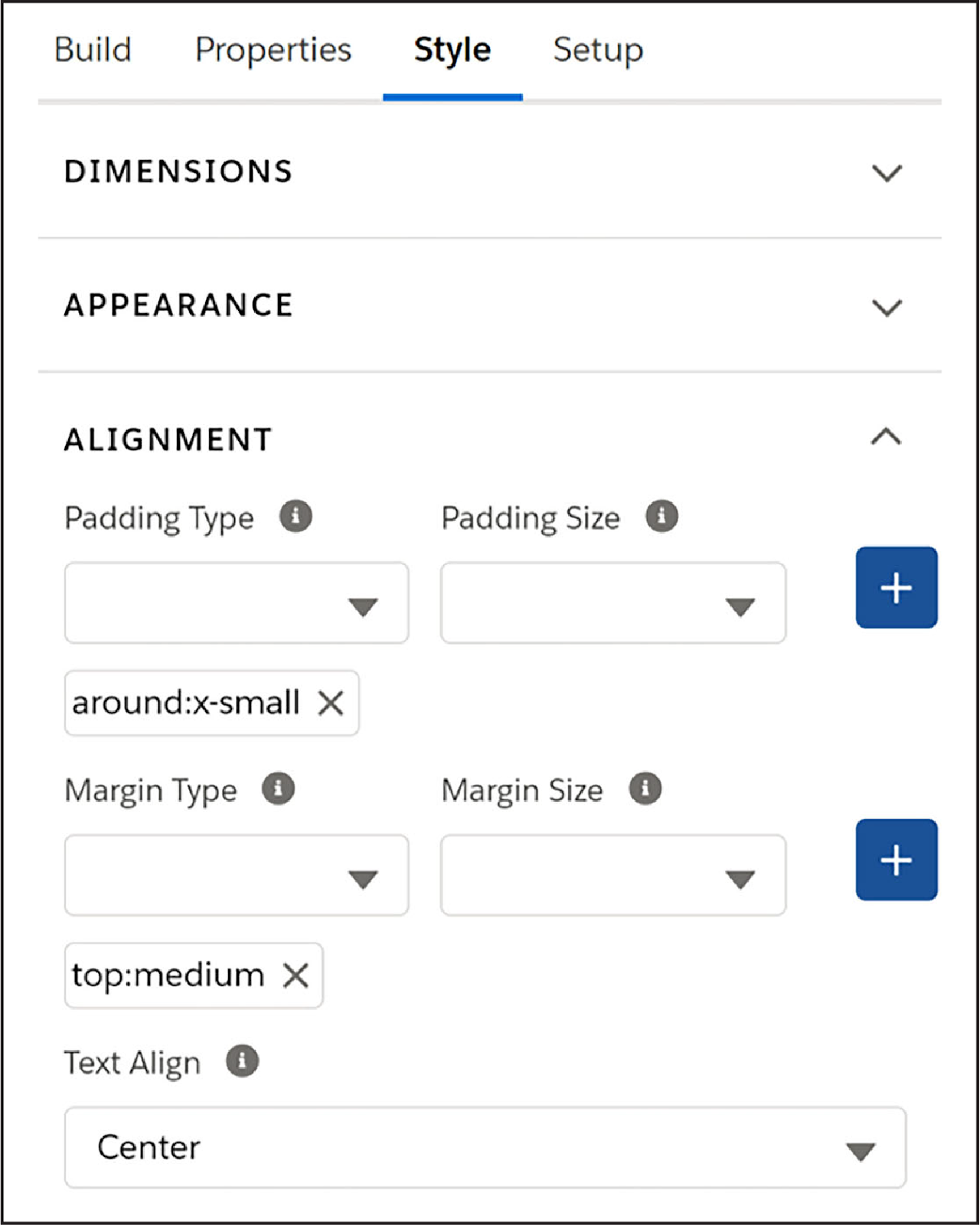 Styling options on the Flexcard canvas.