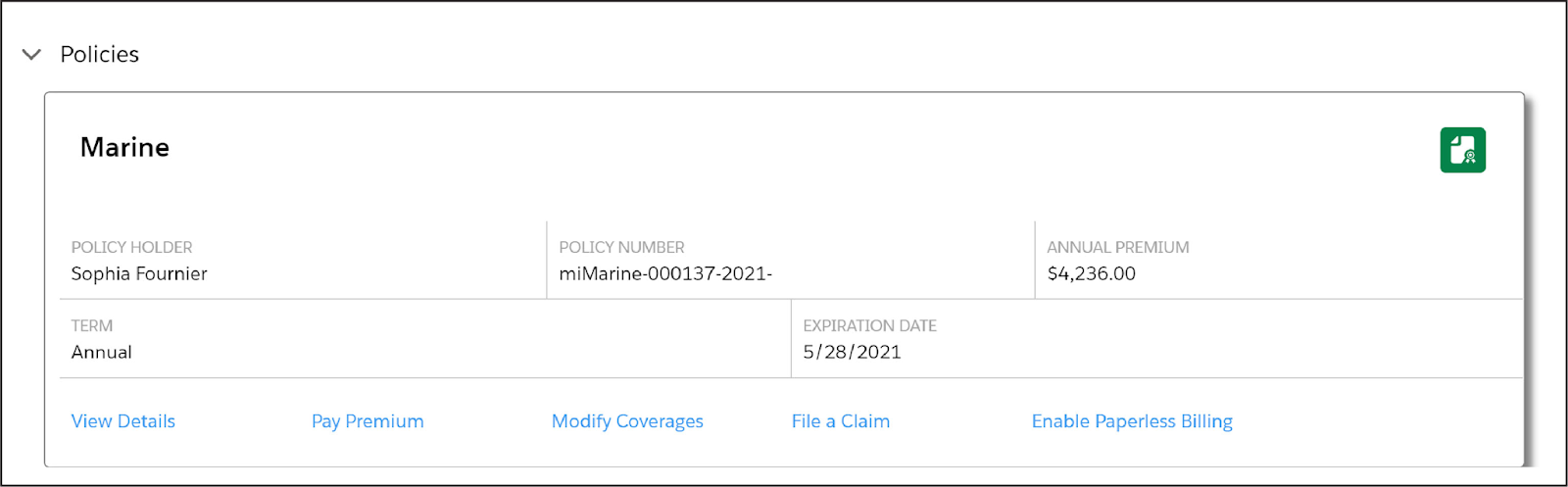 Example of a Flexcard that details Sophia Fournier’s marine insurance.