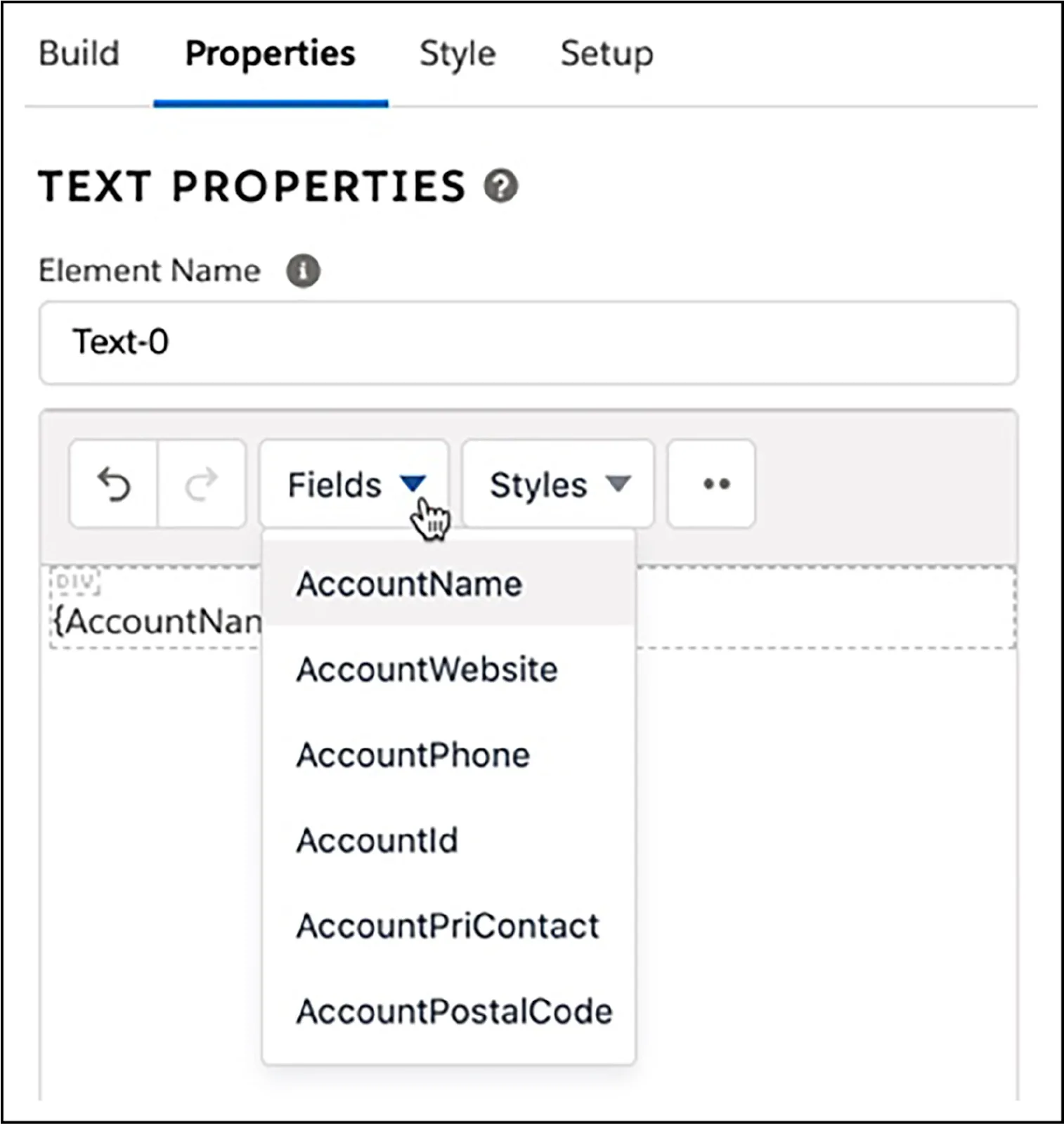 Fields menu within TEXT PROPERTIES.