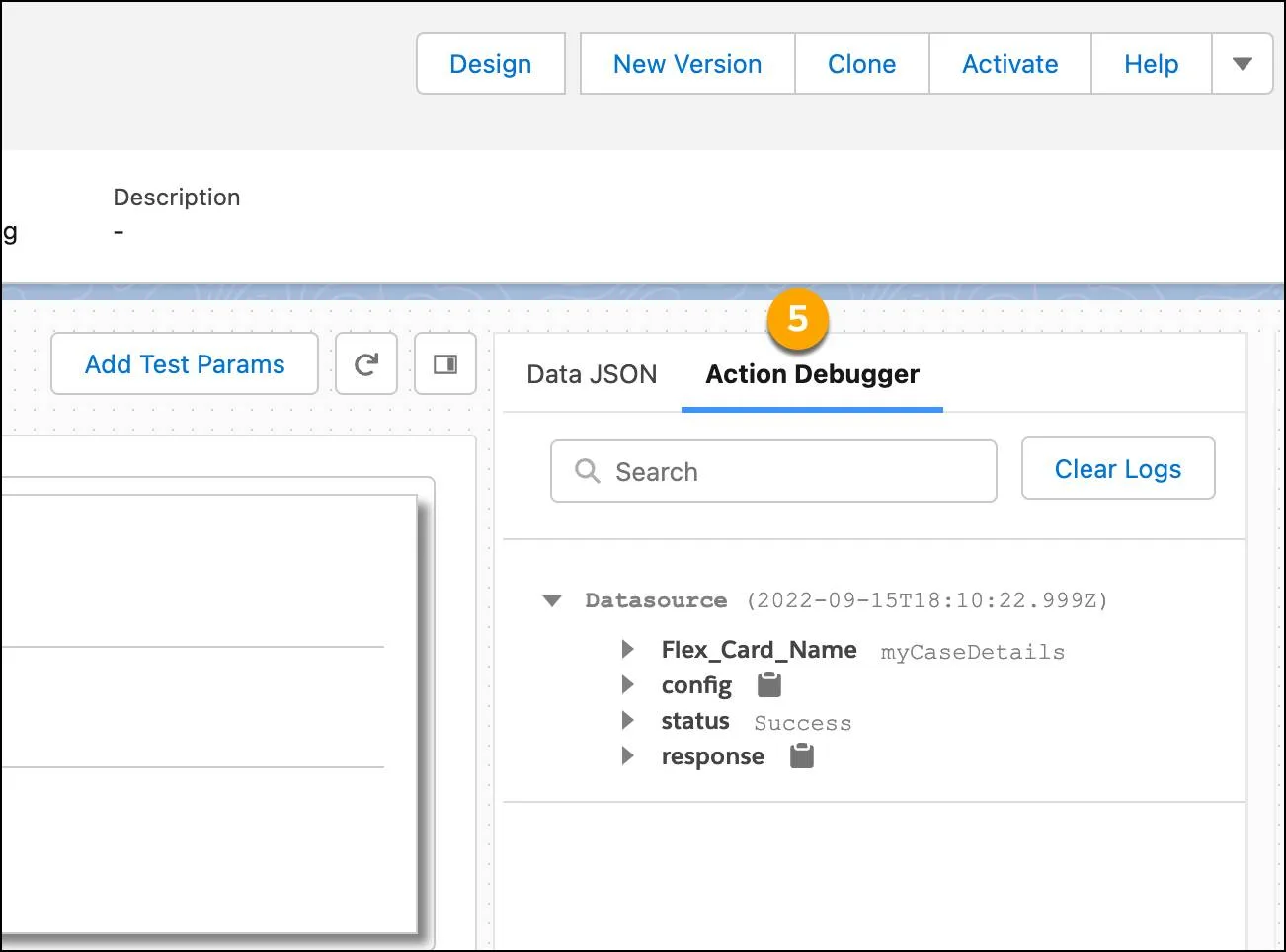 FlexCard Designer Action Debugger section