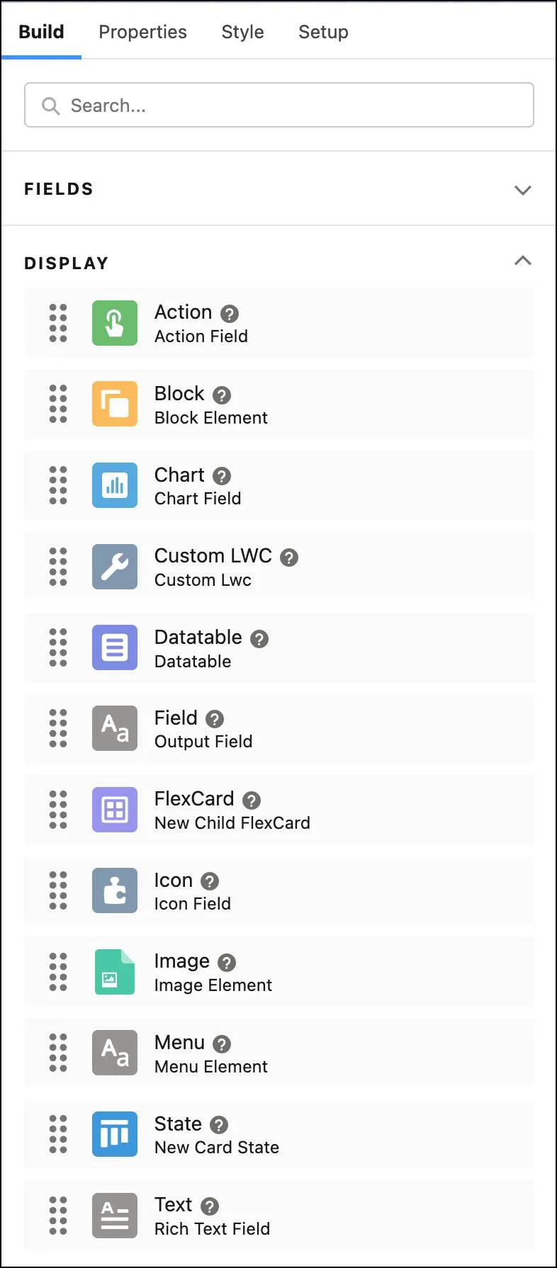 Element list in the FlexCard Designer Build panel.