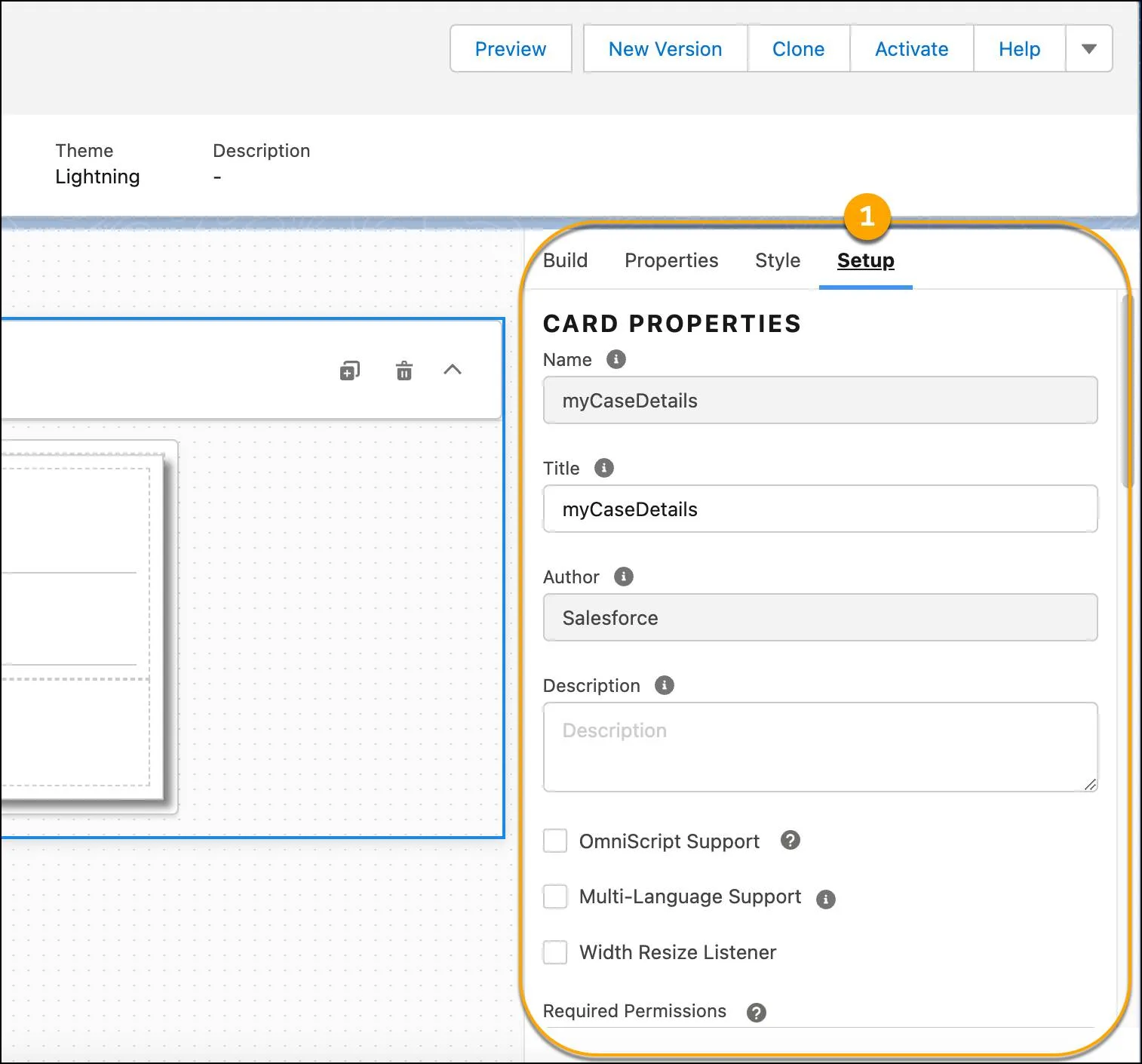 Setup panel in the FlexCard Designer.