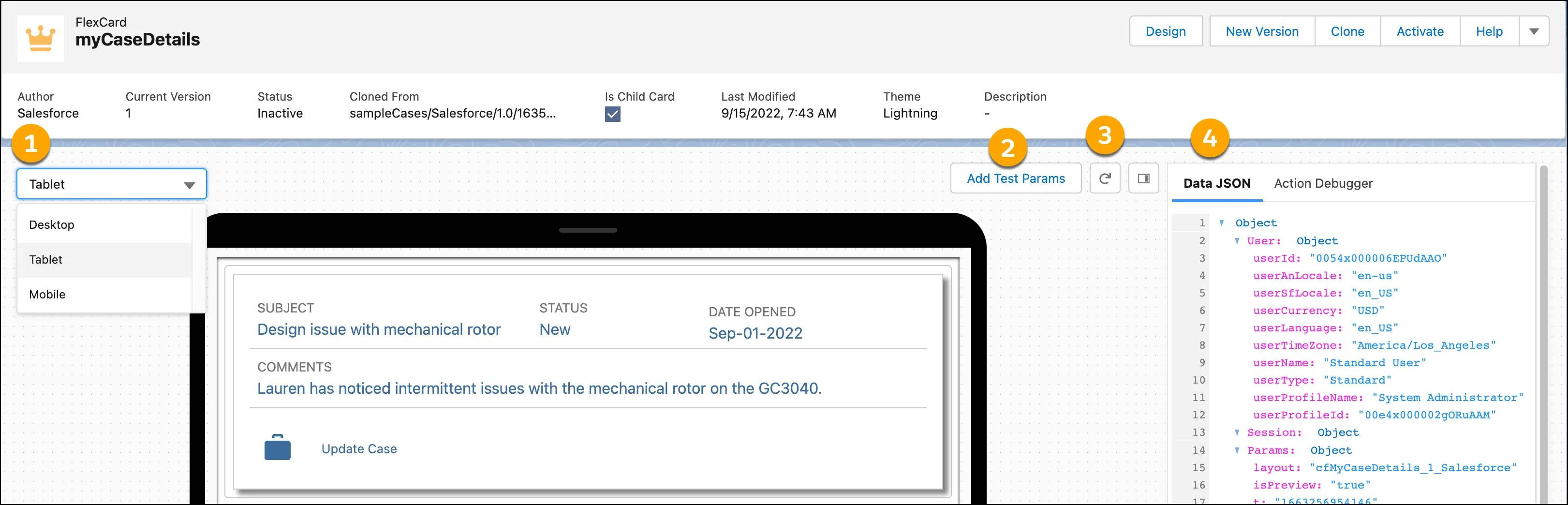 FlexCard Designer viewport dropdown menu, Add Test Parameters link, Refresh button, and Data JSON section.