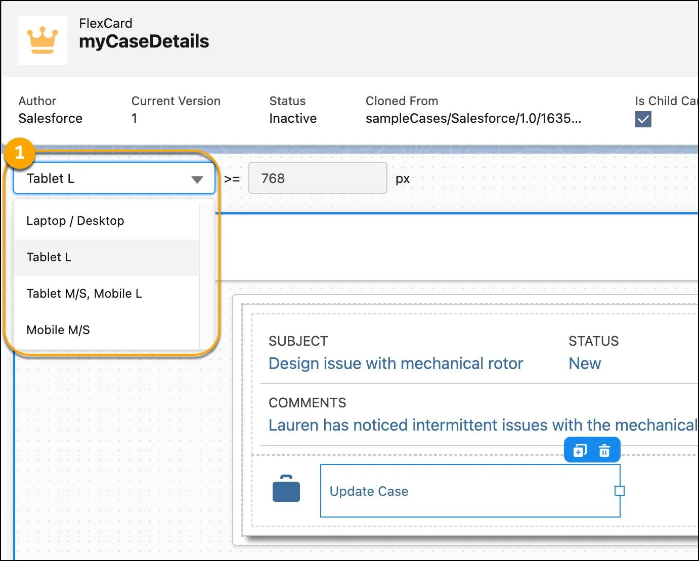 Viewport and canvas in the FlexCard Designer.