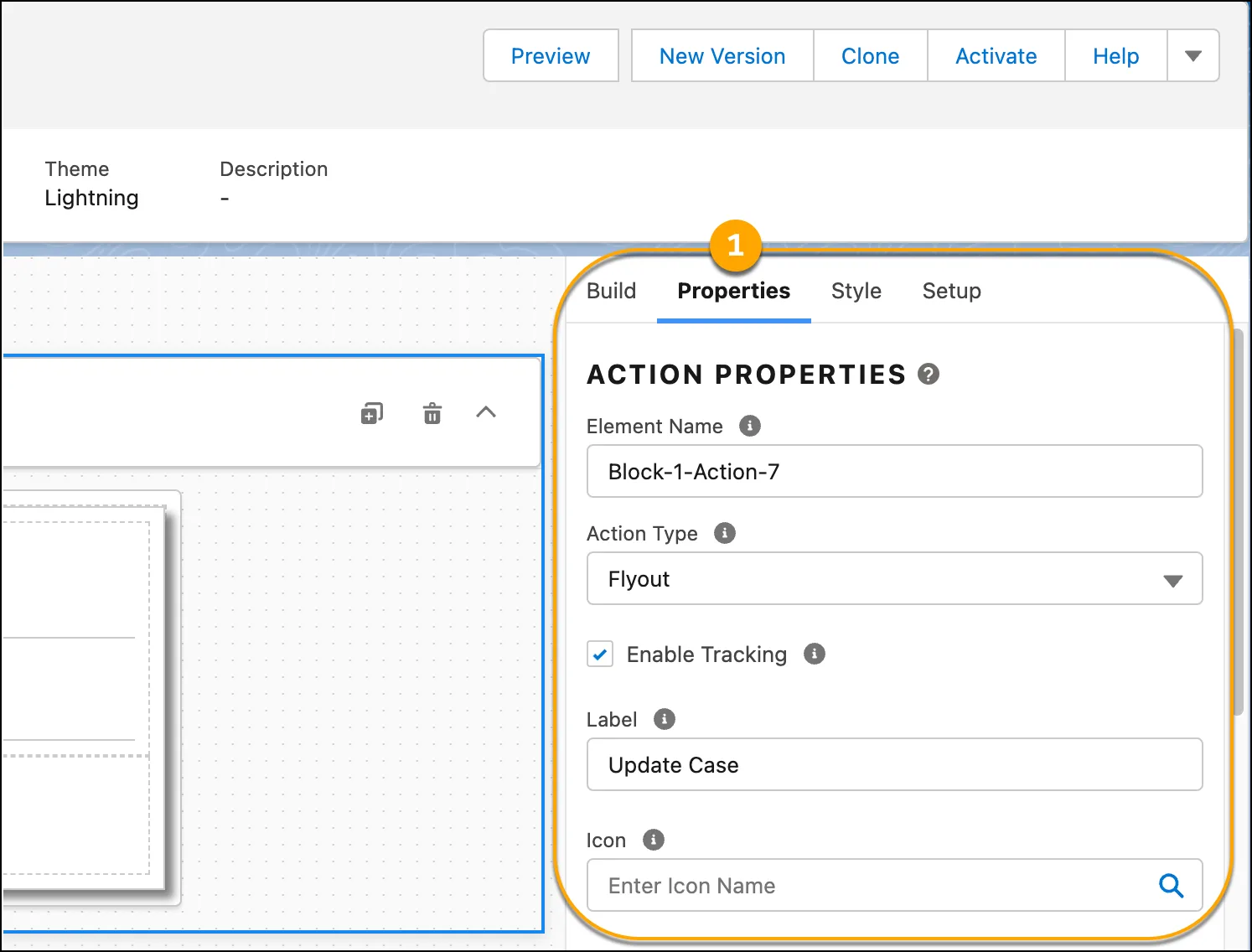 FlexCard Designer の [Properties (プロパティ)] パネル。