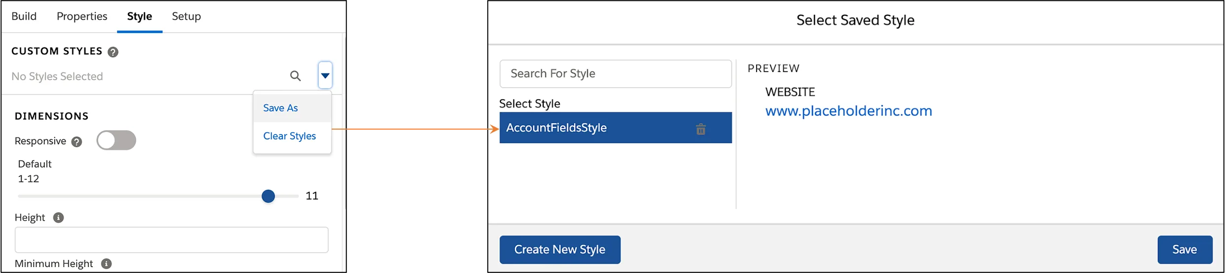 Saving and applying styles in the Style panel.