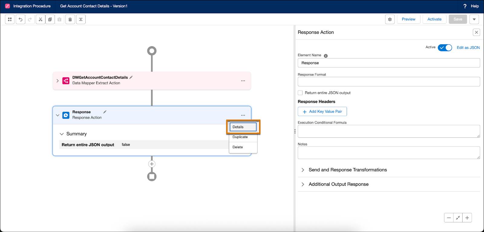 [Response Action (応答アクション)] 要素の [Details (詳細)] オプションが強調表示されている Integration Procedure Designer キャンバス。