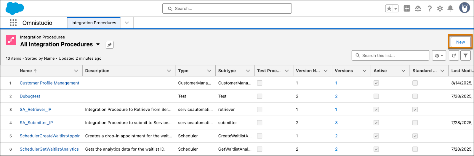 New button highlighted on the list view page of Integration Procedures.