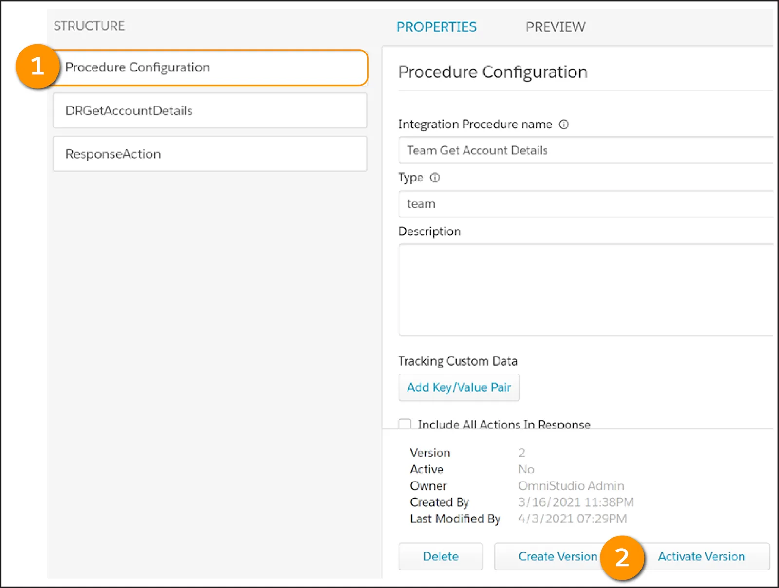 The Procedure Configuration element includes the Activate Version button.