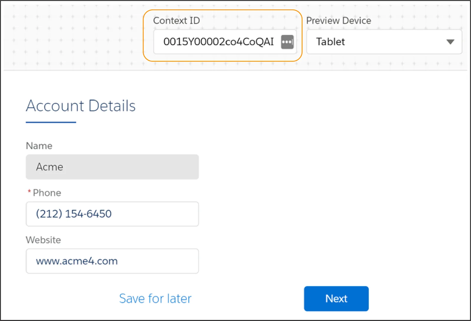 Edit Account OmniScript には Integration Procedure によって取得されたデータが表示されます。