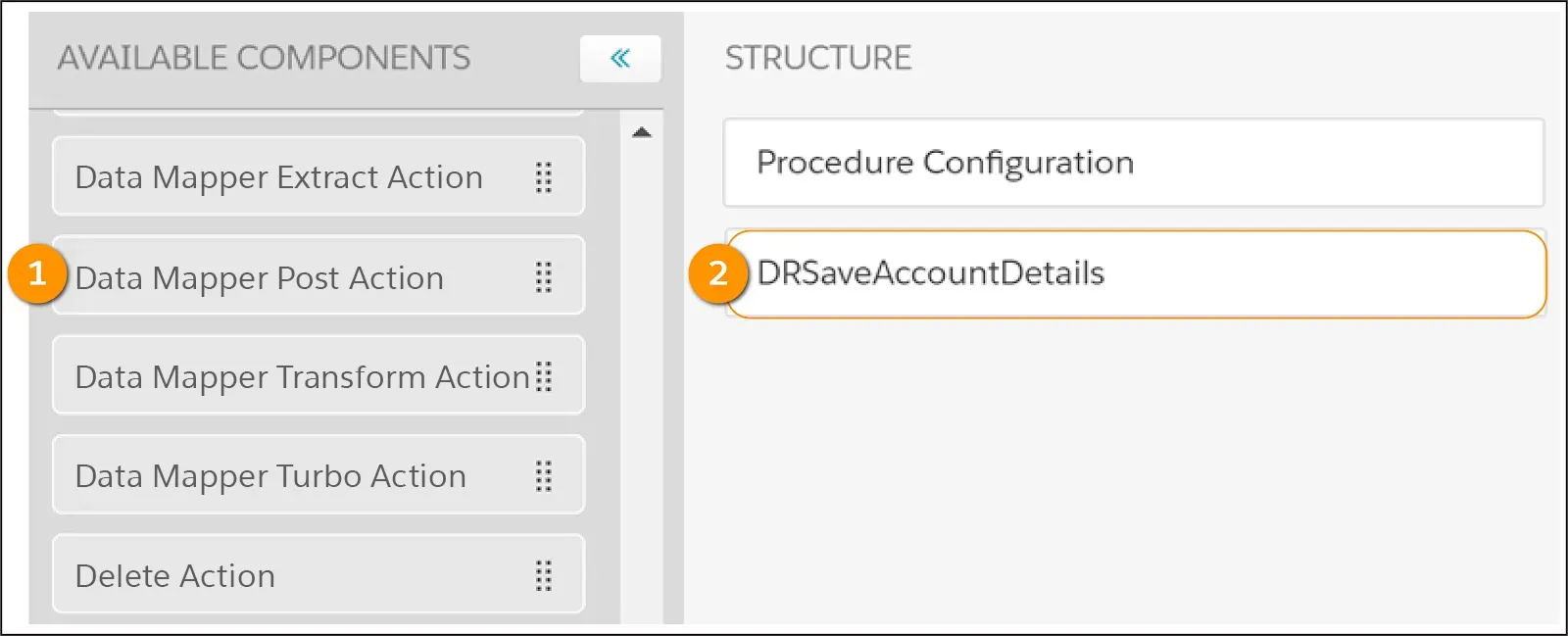 [STRUCTURE (構造)] パネルに Data Mapper Post Action が表示されている。