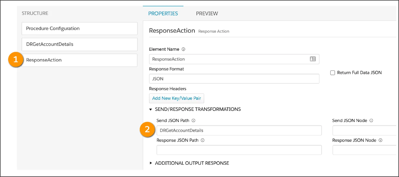 Response Action の [Send JSON Path (送信 JSON パス)] 項目。