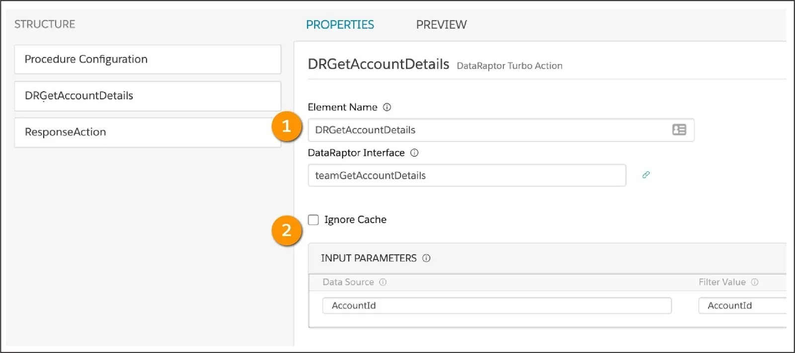 Data Mapper Turbo Extract Action の [Properties (プロパティ)] に Data Mapper の名前が表示され、[Input Paramaters (入力パラメーター)] に AccountId が指定されている。