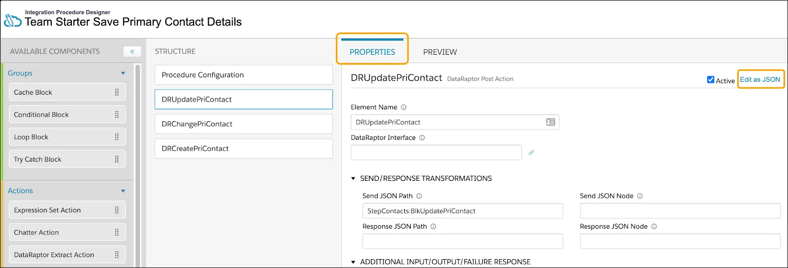 The Properties pane and the Edit as JSON feature