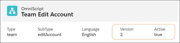 An OmniScript’s Version number and Active status displayed in the OmniScript Header