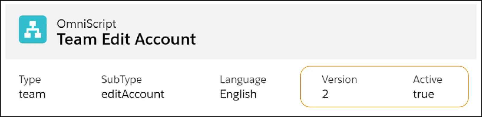 Omniscript ヘッダーに表示された Omniscript の [Version (バージョン)] 番号と [Active (有効)] 状況