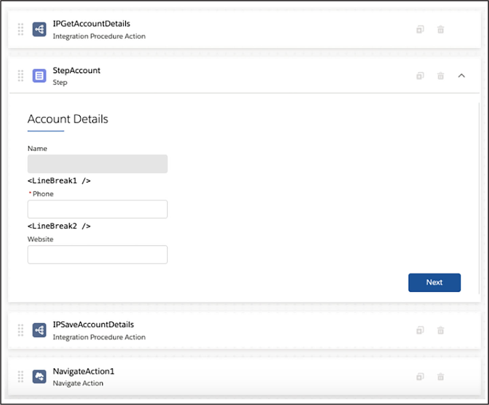 Completed Edit Account design using the OmniScript Designer