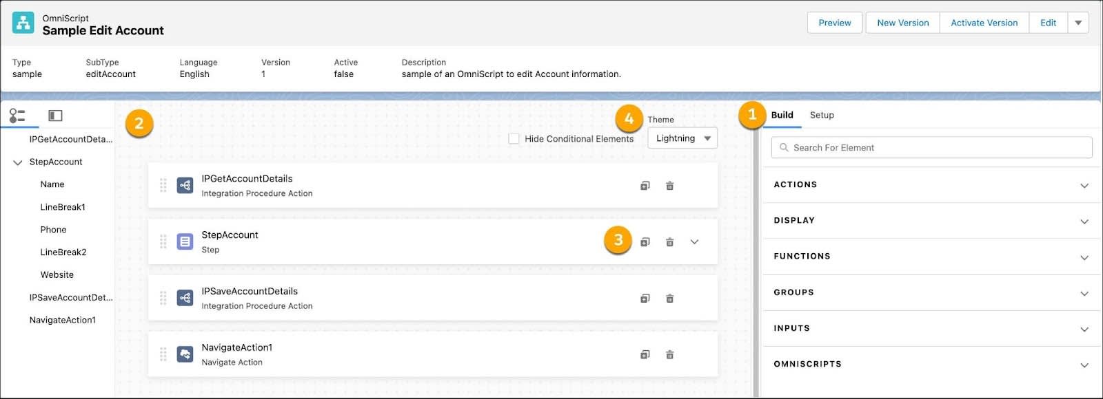 The OmniScript Designer canvas and Build panel